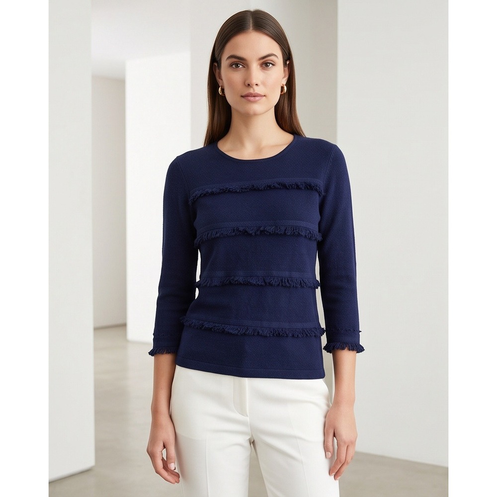 J. McLaughlin‎ Women XS  Navy Blue Fringe Trim Cotton Knit Sweater